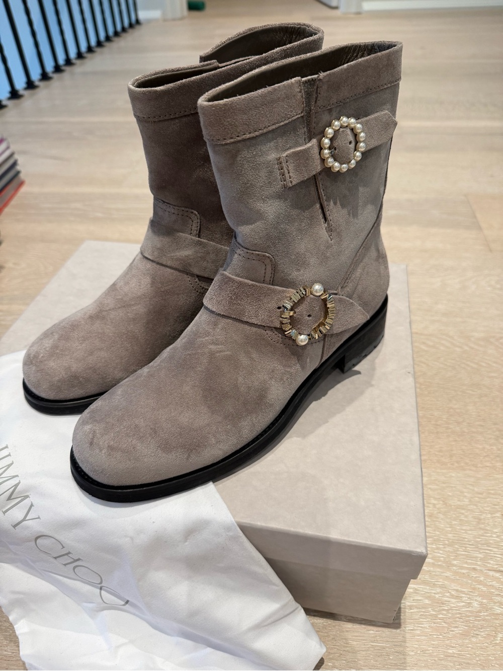 Jimmy Choo Taupe Suede Ankle Boots with Pearl Buckles